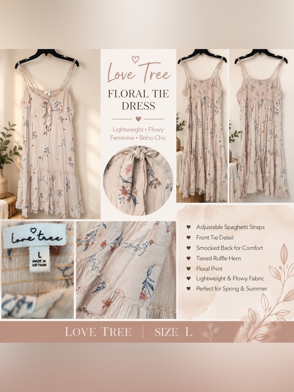 Love Tree Beige Floral Tie Midi Dress